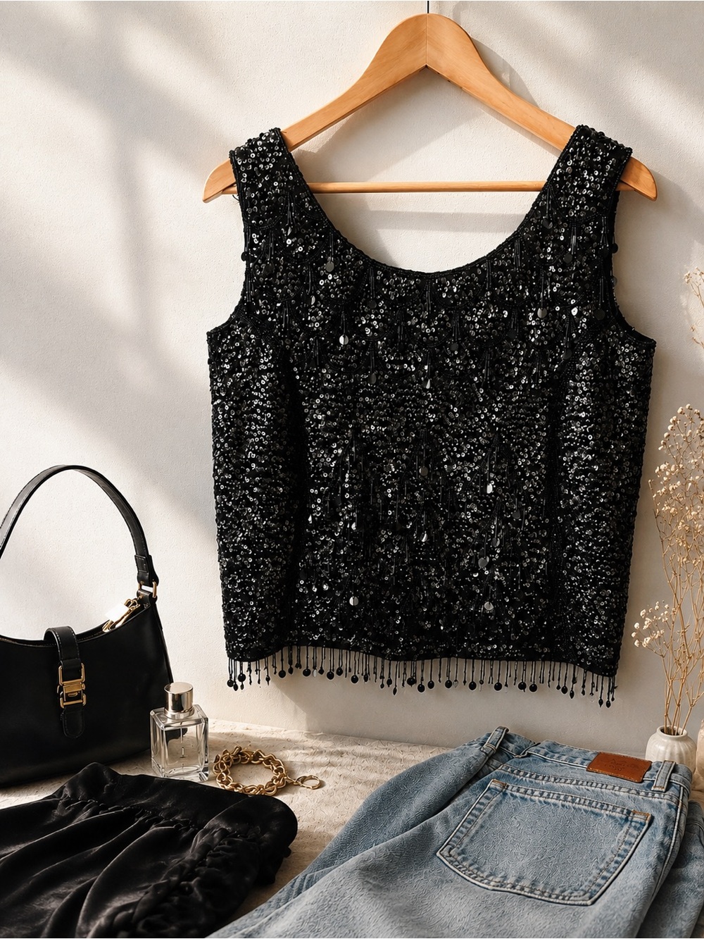 Black Beaded Sequin Shiny Gothic Glam Witchy Cocktail Flapper Party Top Size L